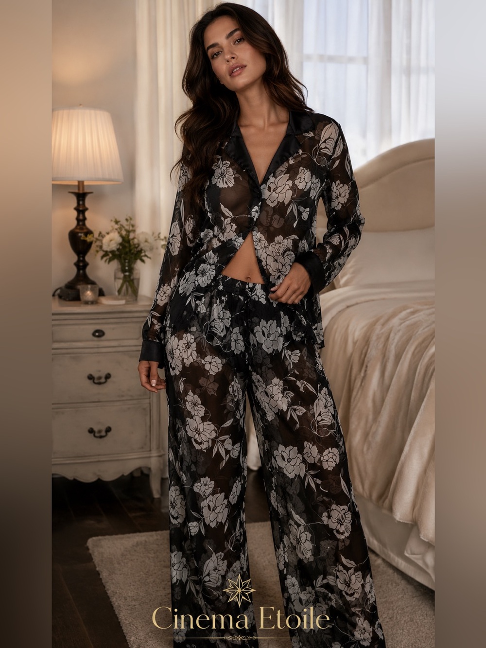Cinema Etoile Seductive Wear Lingerie PJ Pajama Pant Set Black Chiffon 2X